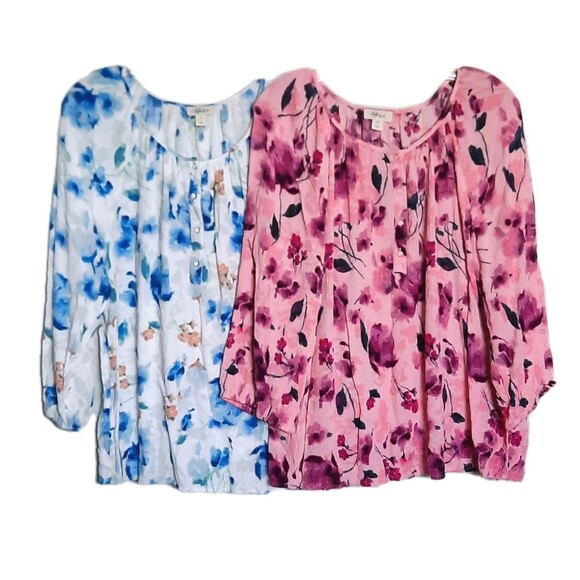 Lot of 2 Style Co Plus Sz 2X Floral-Print Blue White/Pink Multi 3/4 Sleeves Top - Picture 1 of 7